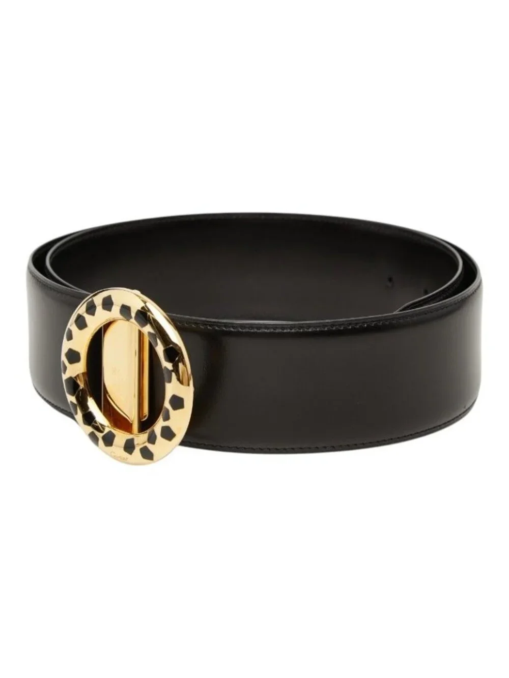 Cartier Panthere Round Buckle Belt Black Gold Leather